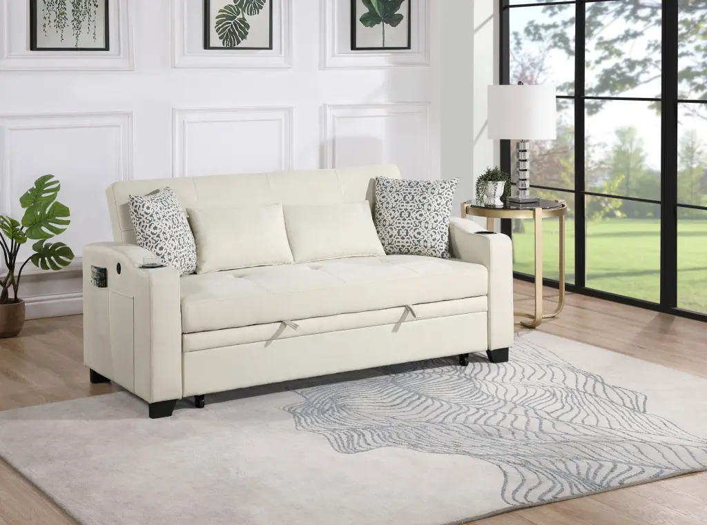 Bennett 71 Inch Beige Fabric Convertible Sleeper Loveseat USB lilola home