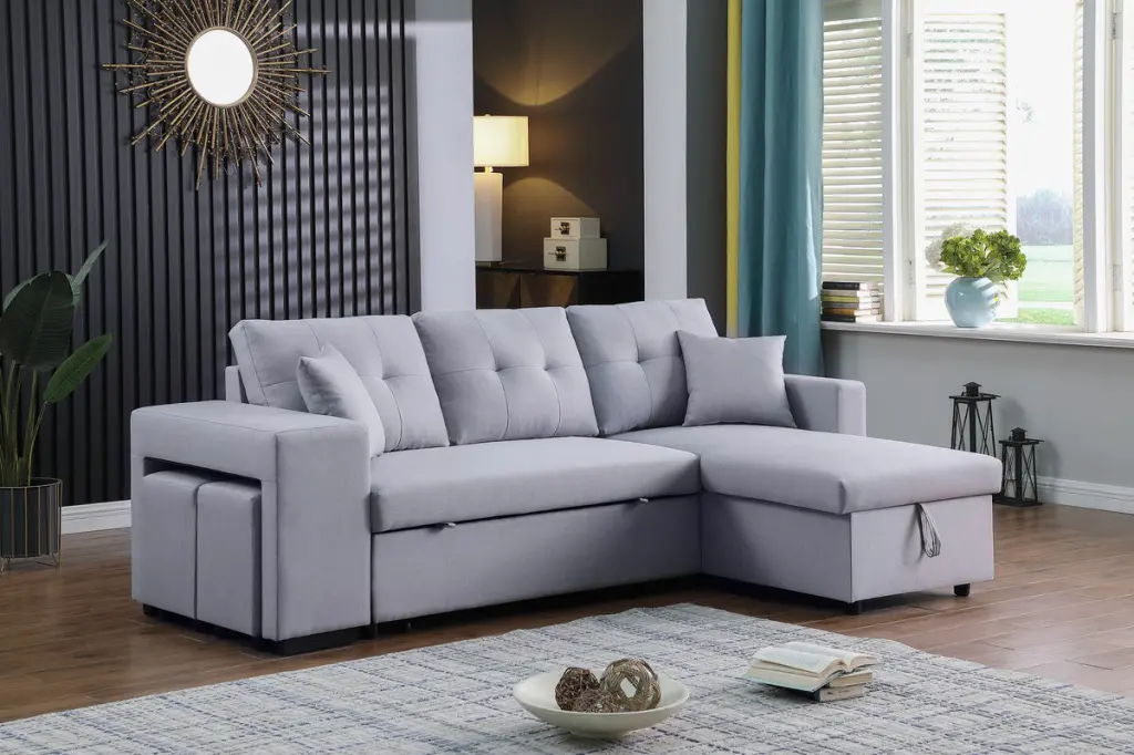Dennis 93 Inch Light Gray Linen Fabric Reversible Sleeper Sectional lilola home