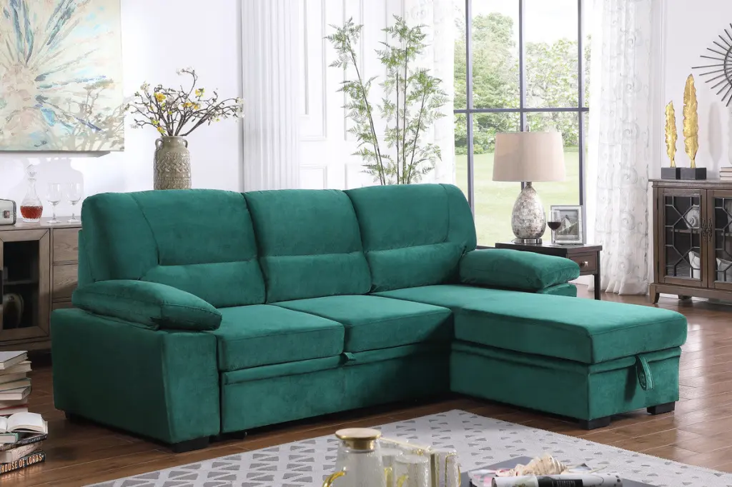 Kipling 97.5 Inch Green Velvet Fabric Reversible Sleeper Sectional Sofa lilola home