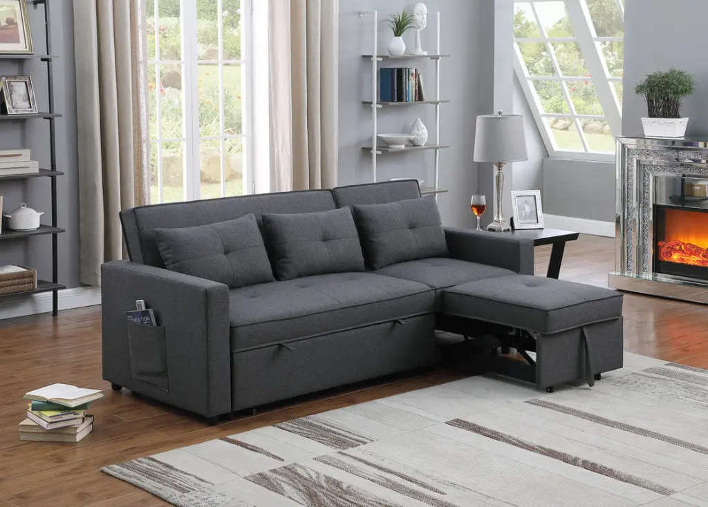 Zoey 79.75 Inch Dark Gray Linen Convertible Sleeper Sofa Side Pocket lilola home