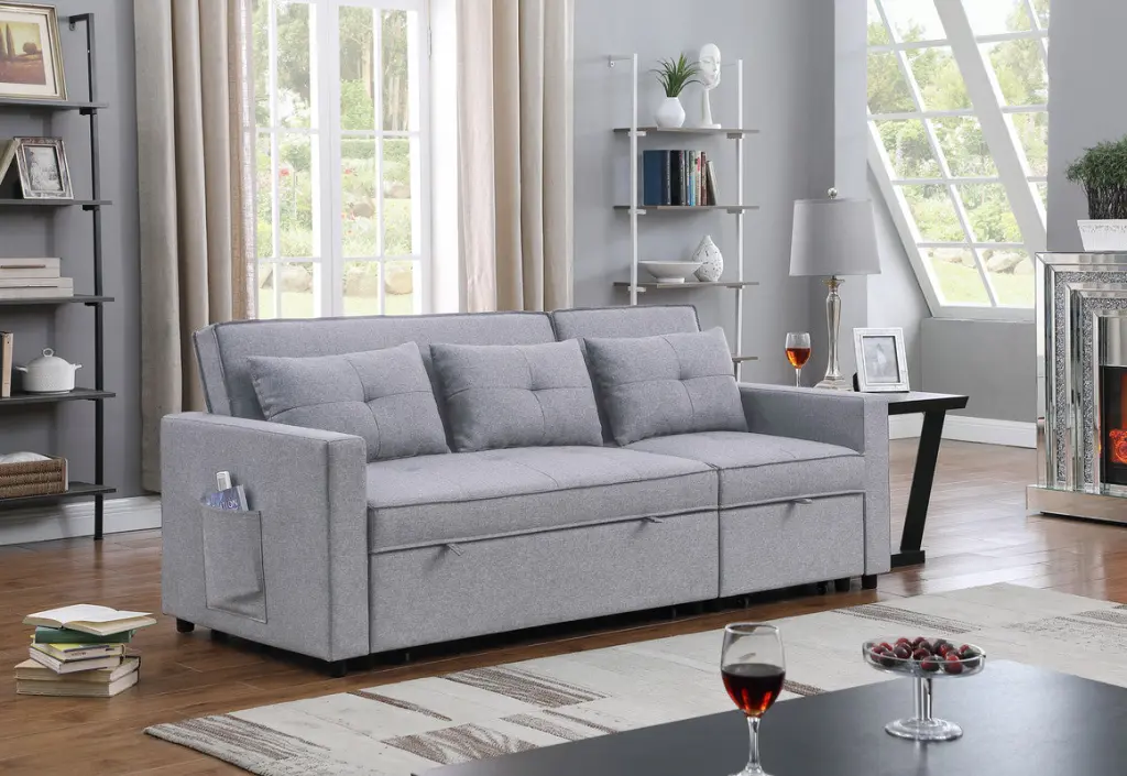 Zoey 79.75 Inch Light Gray Linen Convertible Sleeper Sofa Side Pocket lilola home