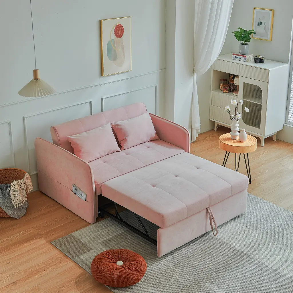 Chenille Fabric Pull Out Sofa Bed Sleeper Seat Couch Adjustable Armrests senge