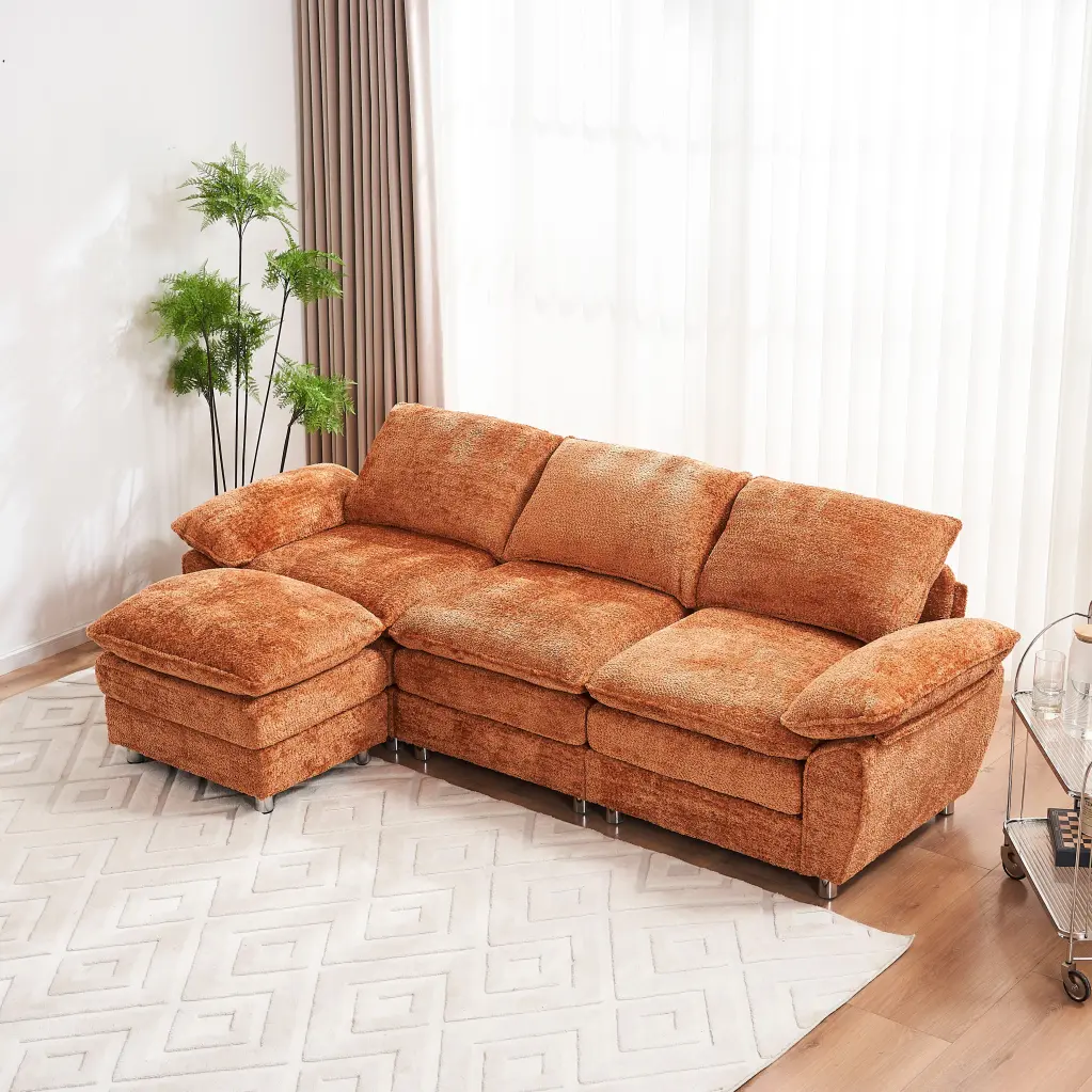 Modern Deep 3 Seat Sofa Couch Ottoman Polyester Sofa Sleeper Compact Living Room Furniture w2363