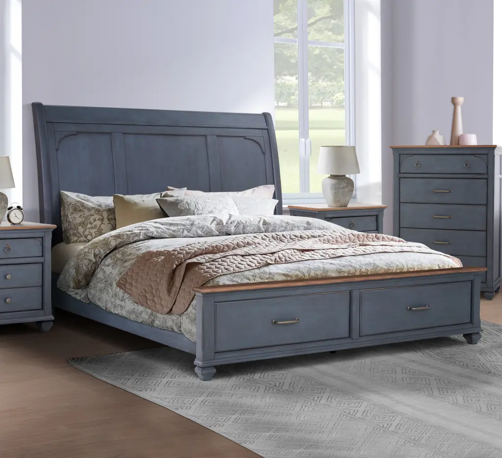 Americana Queen Size Sleigh Bed Corduroy Blue Finish Rubberwood Frame bridgevine home