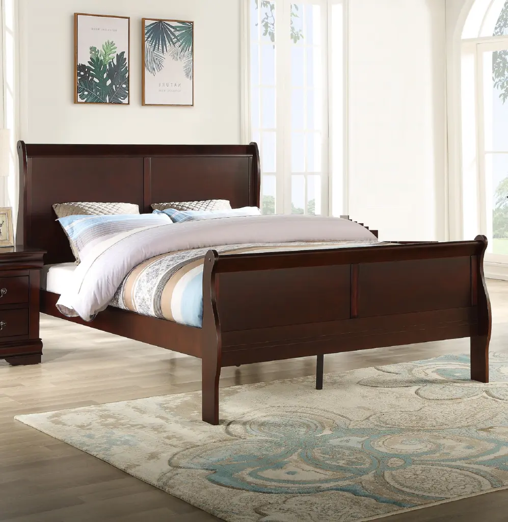 Louis Phillipe Brown Cherry Finish King Size Panel Sleigh Bed Solid Wood Bed kanepe