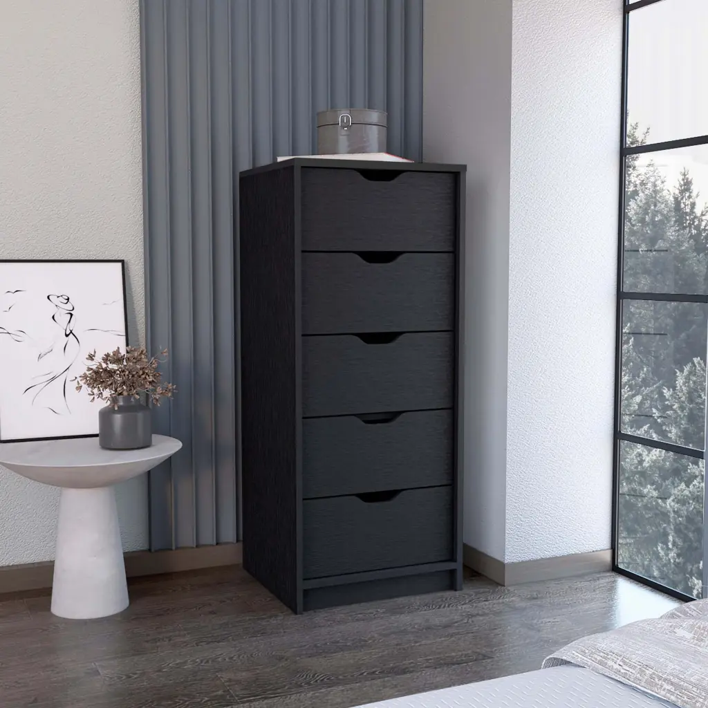 Dresser 42 Inch Height 5 Drawer Slim Storage Chest Drawers Black Particle Board depot e-shop