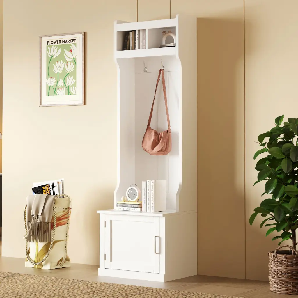 Minimalist Slim Hall Tree Cabinet & 6 Hanging Hooks Multi Functional Entryway Storage rnb