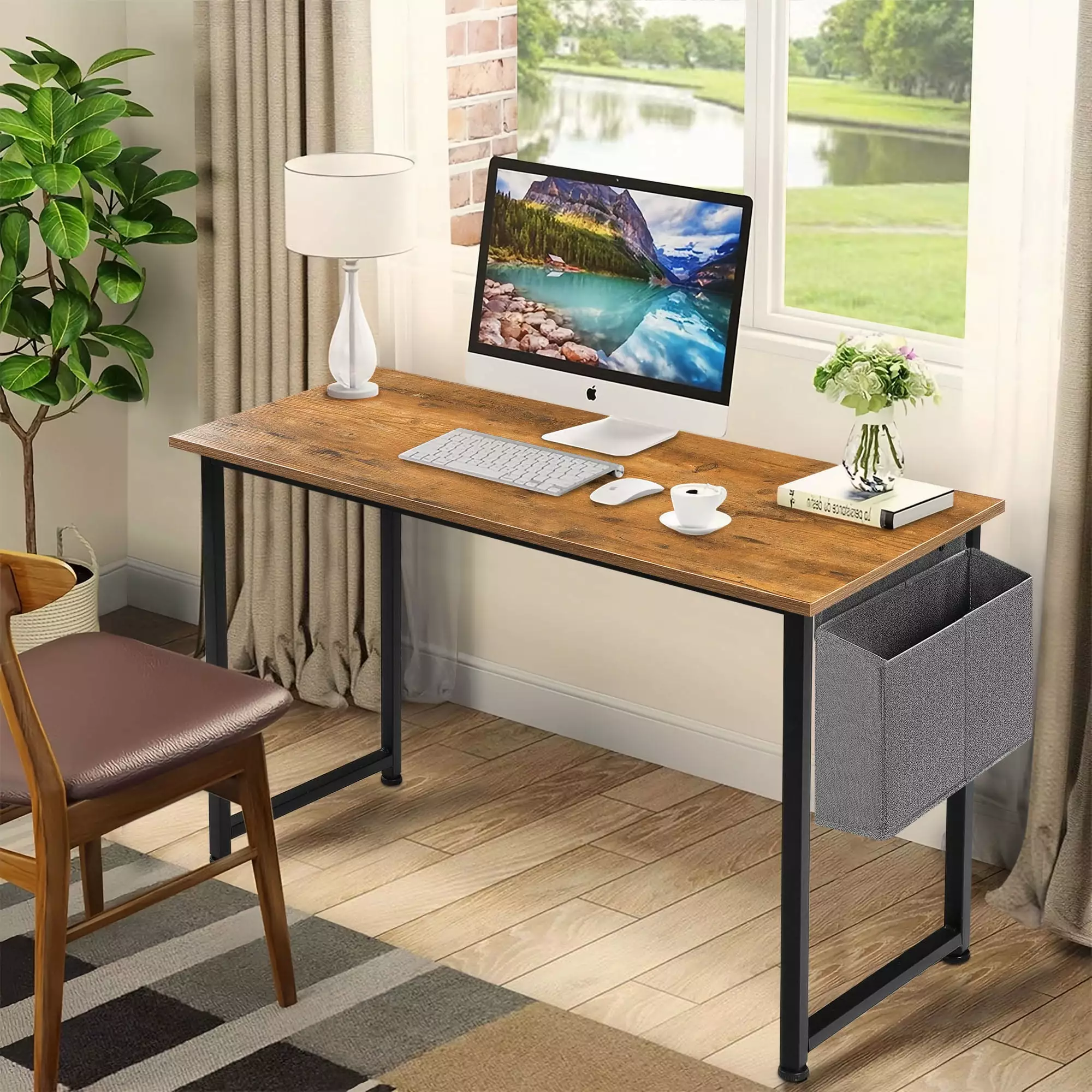 Coliware 31.5 inch Small Computer Desk Modern Simple Style Home Office Desk Storage Bag & Iron Hook