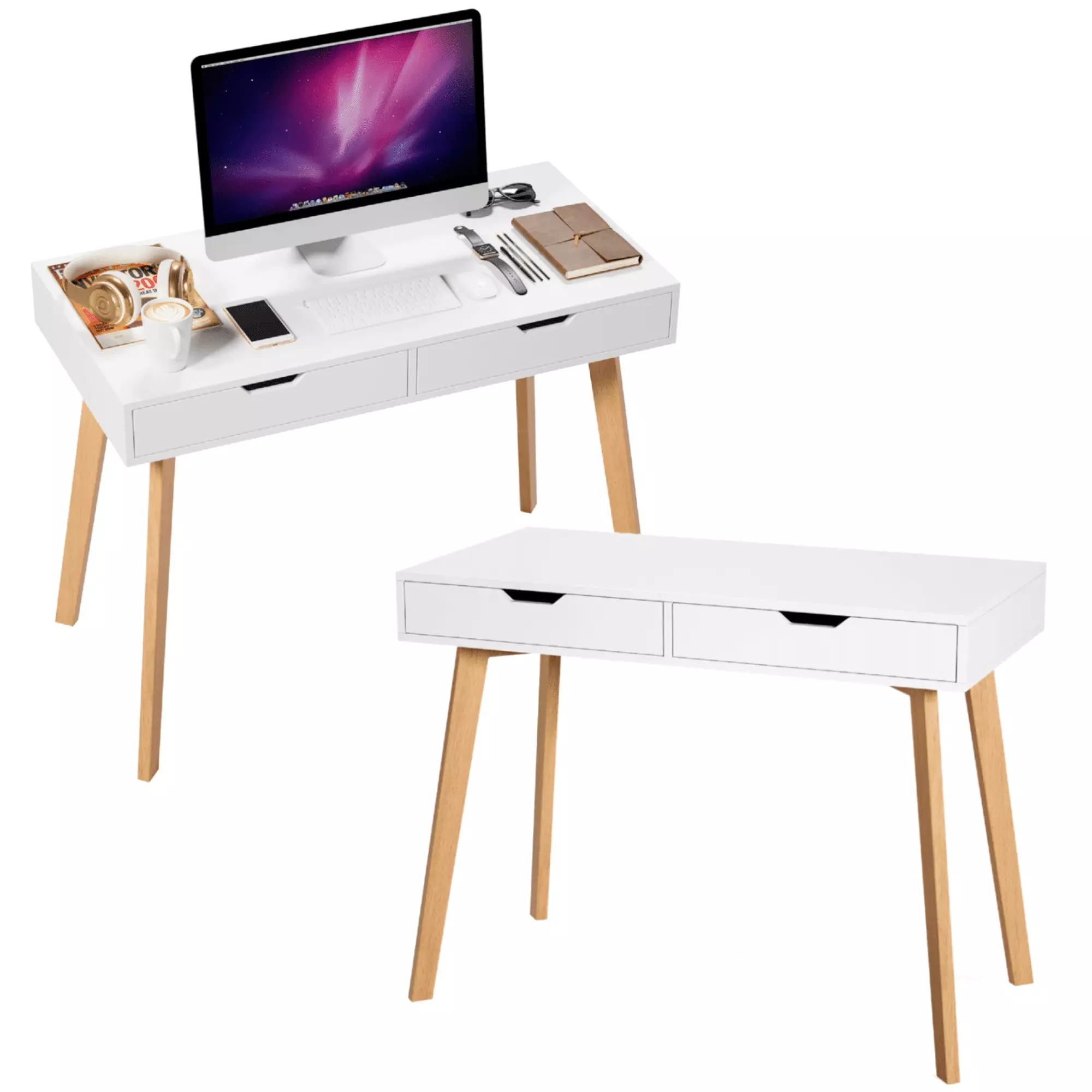 Homfa 2 Drawers White Small Desk Oak Legs Home Office