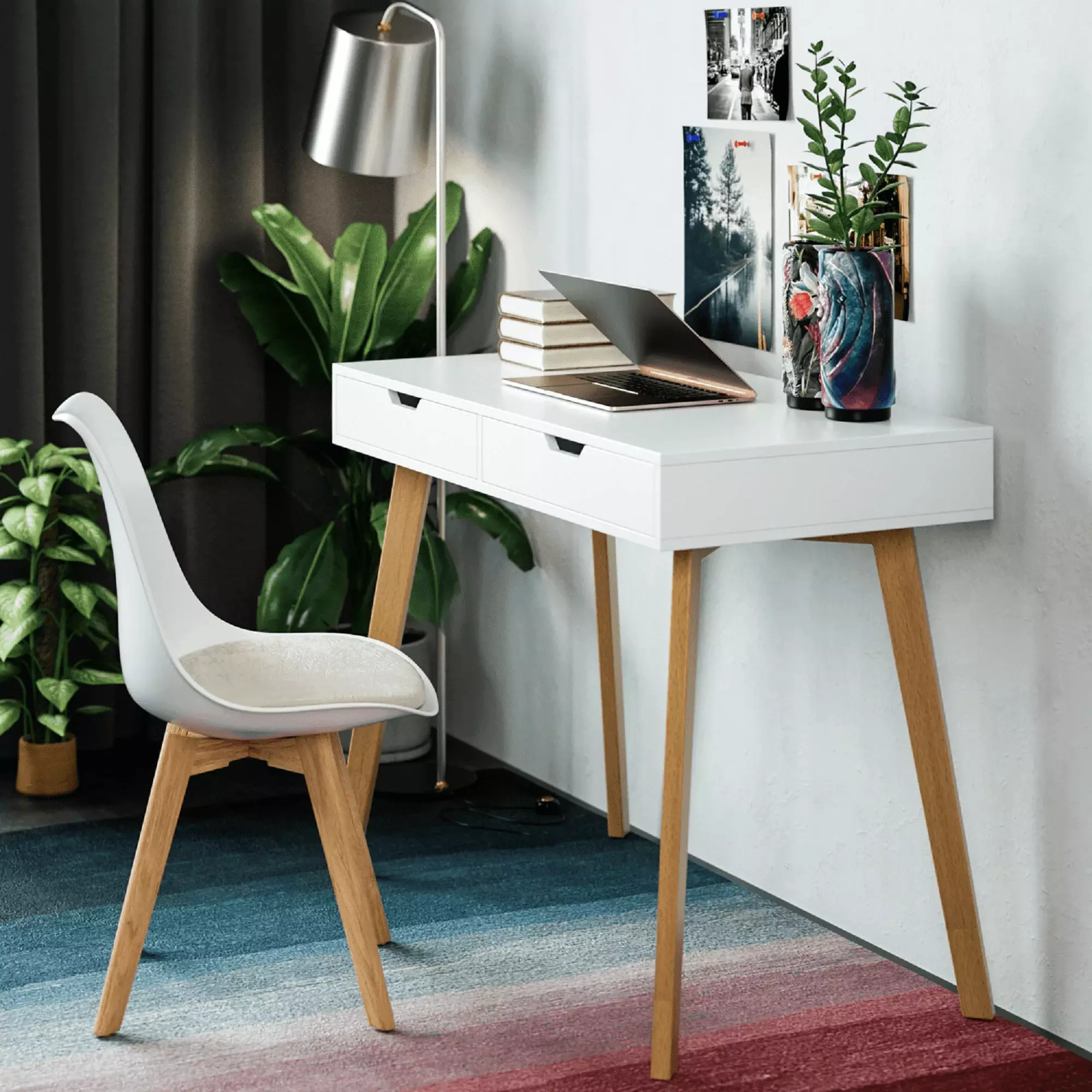 Homfa 2 Drawers White Small Desk Writing Table Oak Legs Home Office