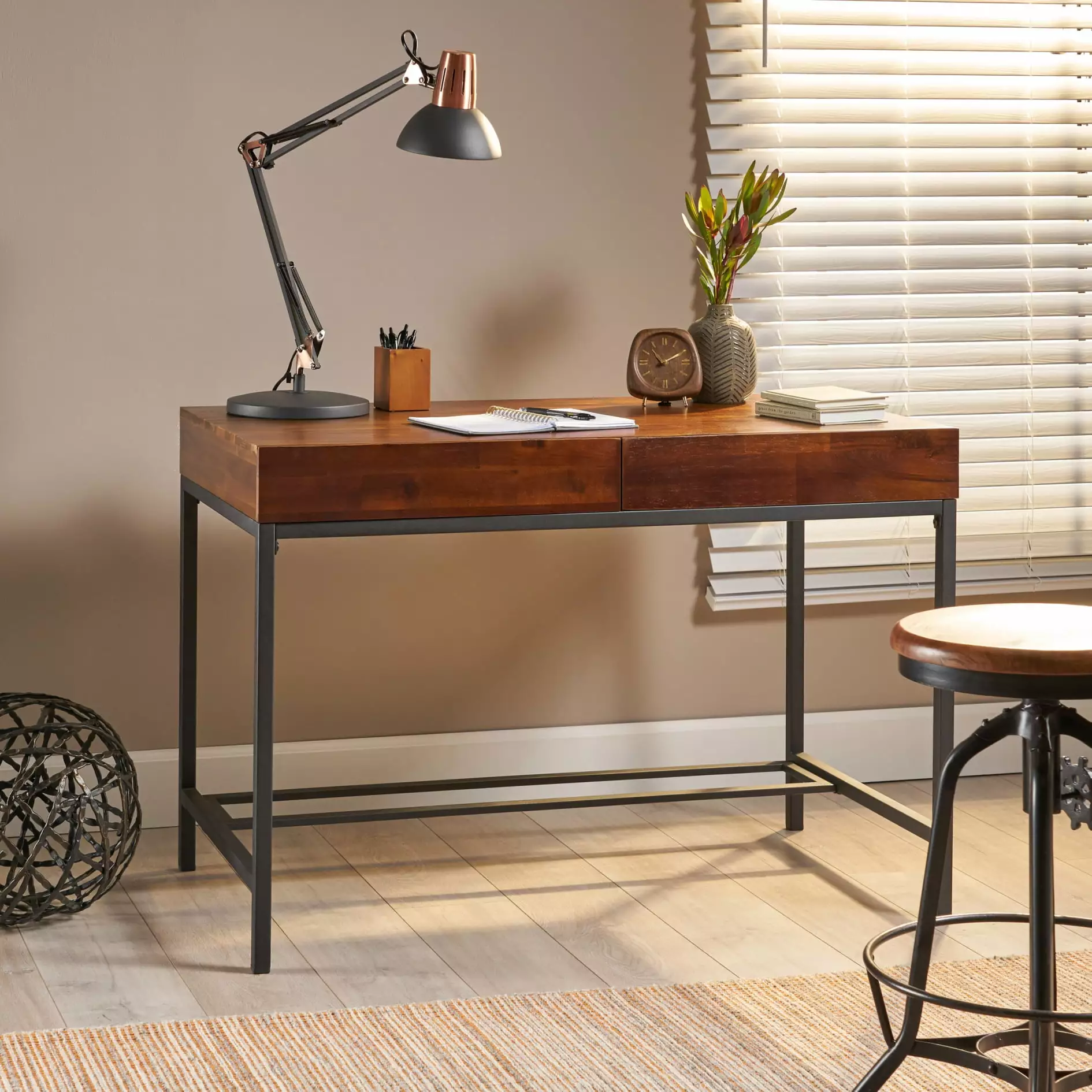 Wood Top Computer Desk 2 Drawers - Small Vintage Desk Kids Teens Adults 44Lx24Wx30H JAMPOOCA