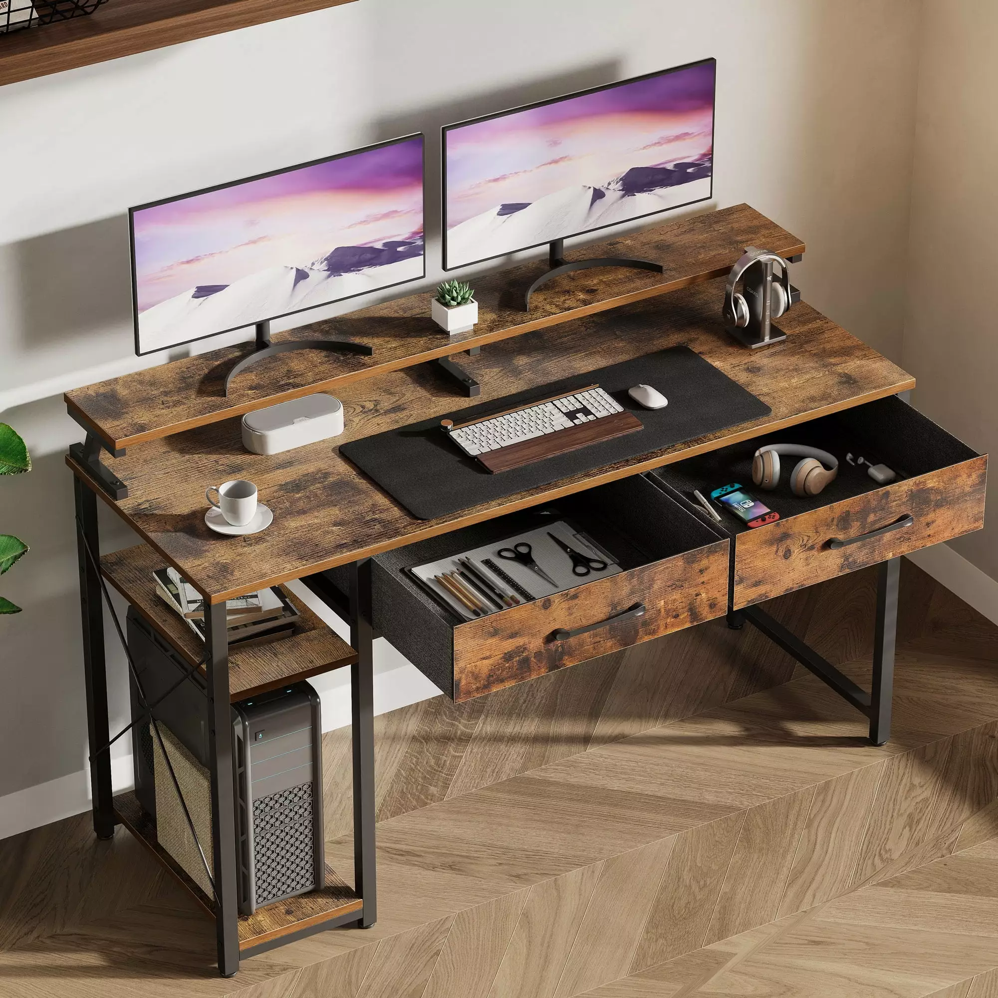 48 Inch Rustic Brown Computer Desk Drawers and Storage Shelves Small Spaces KKL