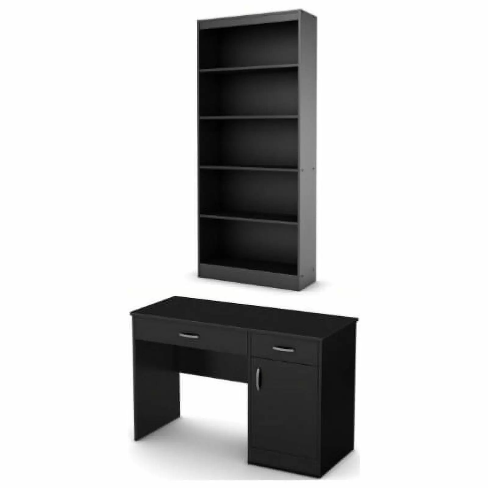 South Shore Axess Small Desk Drawers and 5-Shelf Bookcase Set Pure Black