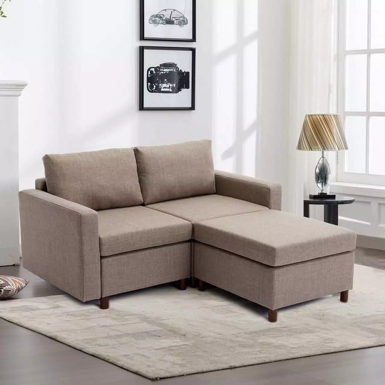 Modern Brown 2-Seat Linen Sectional Sofa Ottoman and Non-Removable Cushions Ponnky