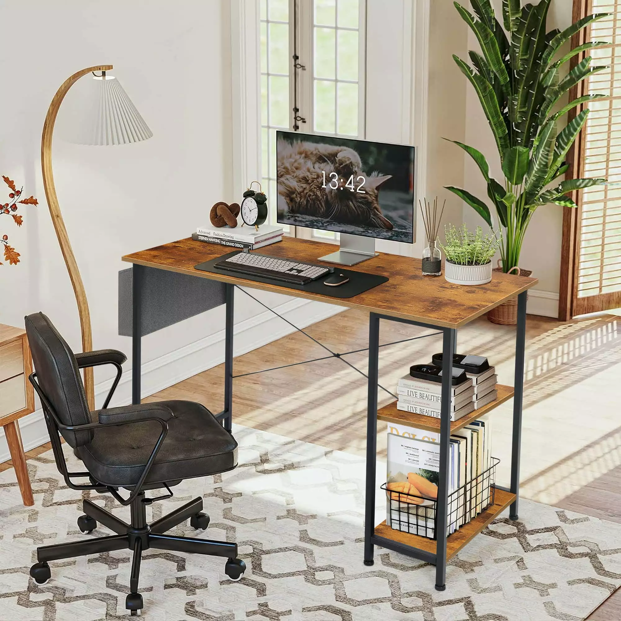 Coliware 43.3 Inch Computer Desk Small Spaces Home Office Desk Storage Shelves Rustic Brown
