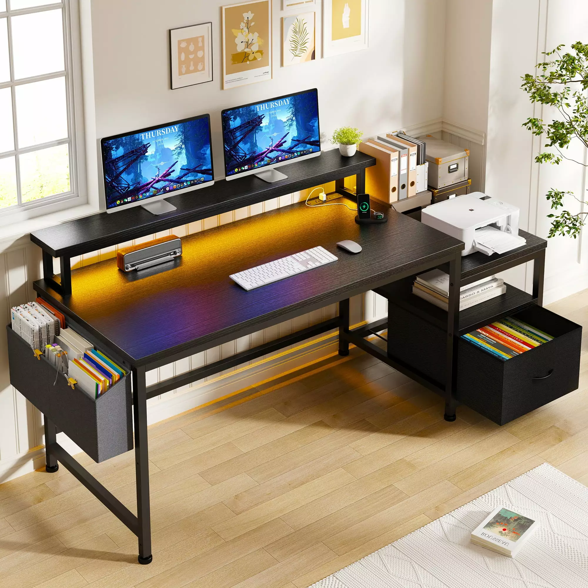 EnHomee Black Small Computer Desk Power Outlets Drawers and Storage Shelves