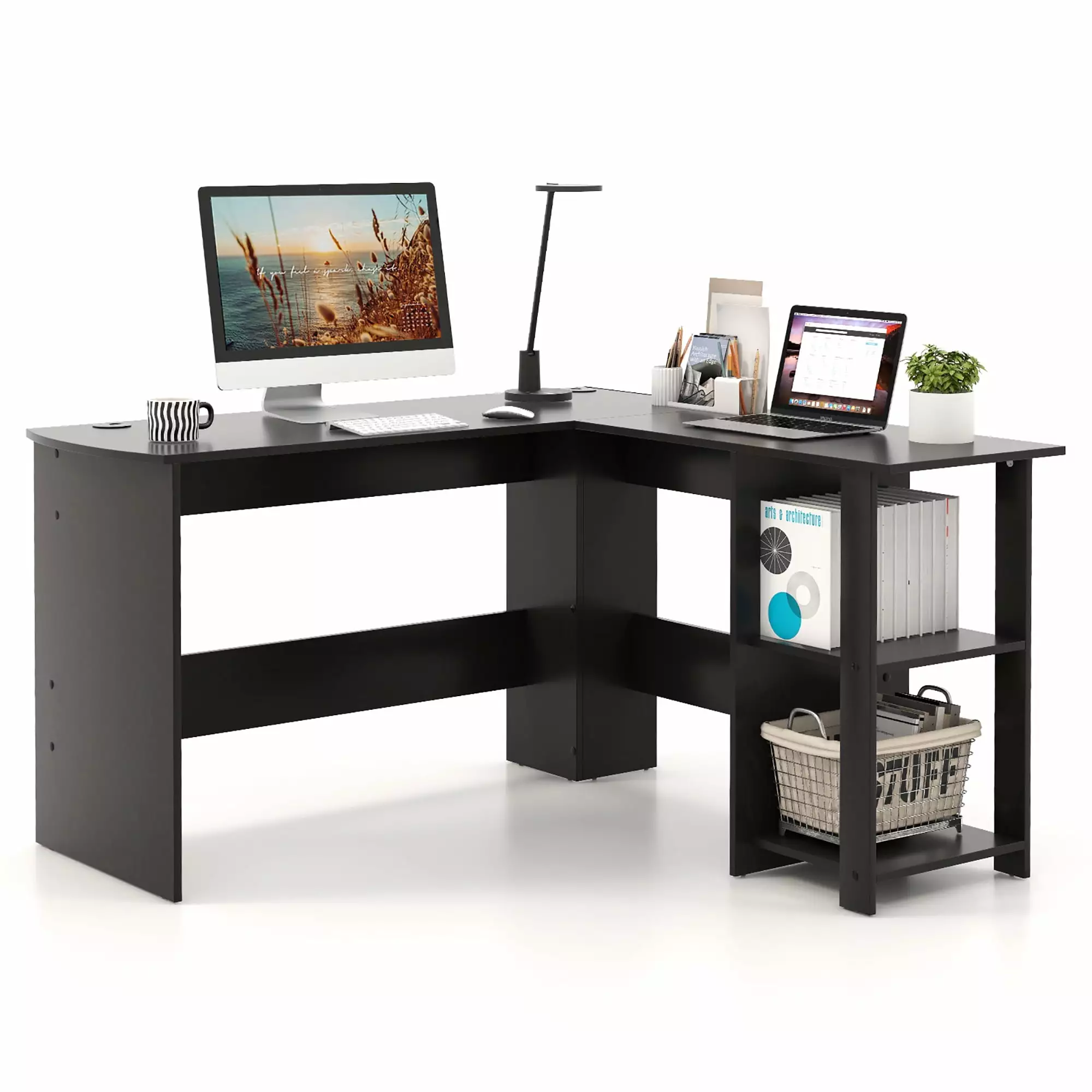 Gymax L-Shaped Computer Desk Small Space Corner Home Office Shelves Black