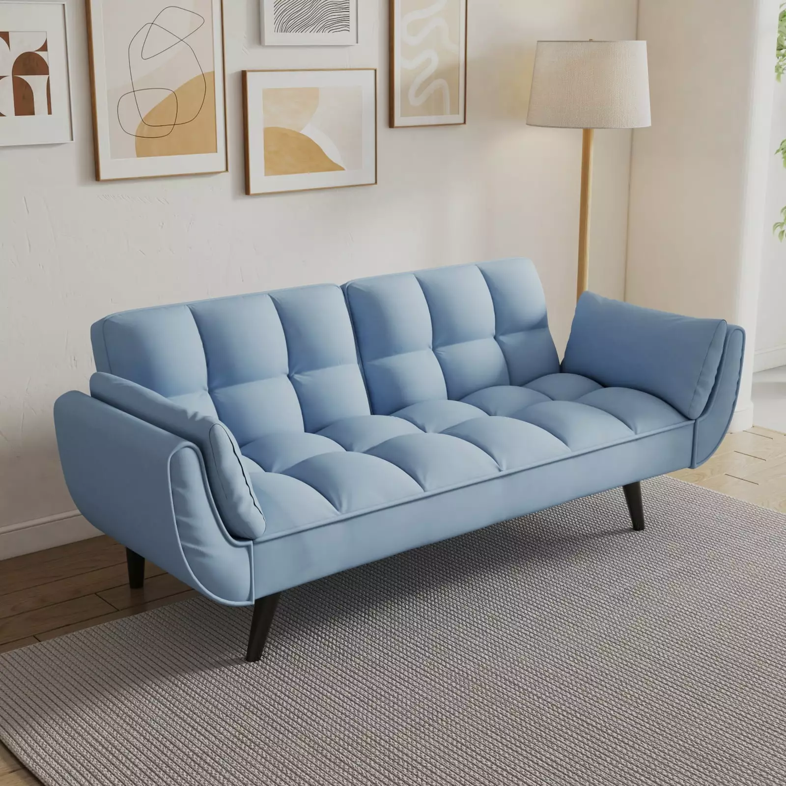 Miekor Furniture 57 Blue Sofa Soft Armrests and Throw Pillows - Comfortable Small Spaces