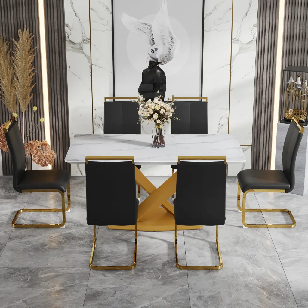 Marble Patterned MDF Table and Chair Set - Modern Dining Set 4 droom w-1151
