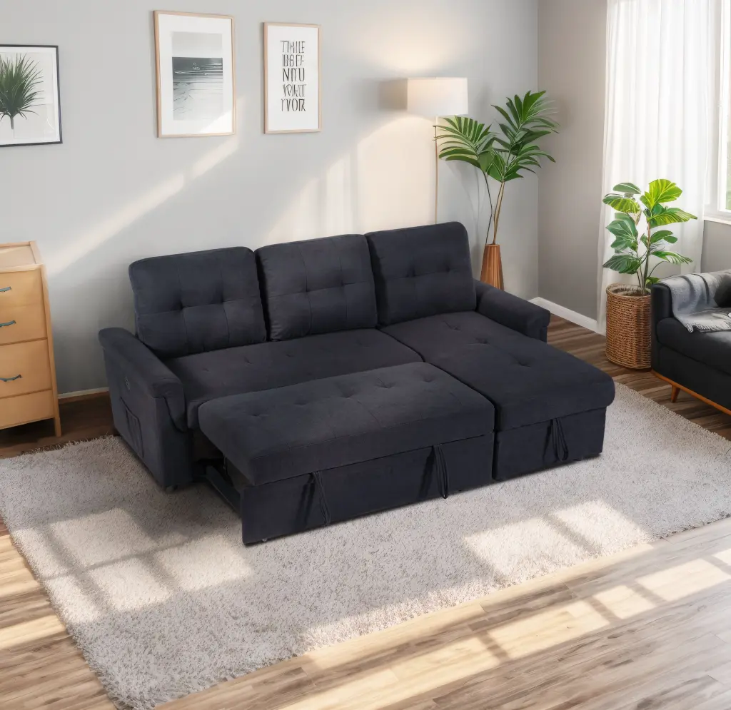 Variable Sofa Bed Storage And USB Charging Port Black Wood Medium aihua