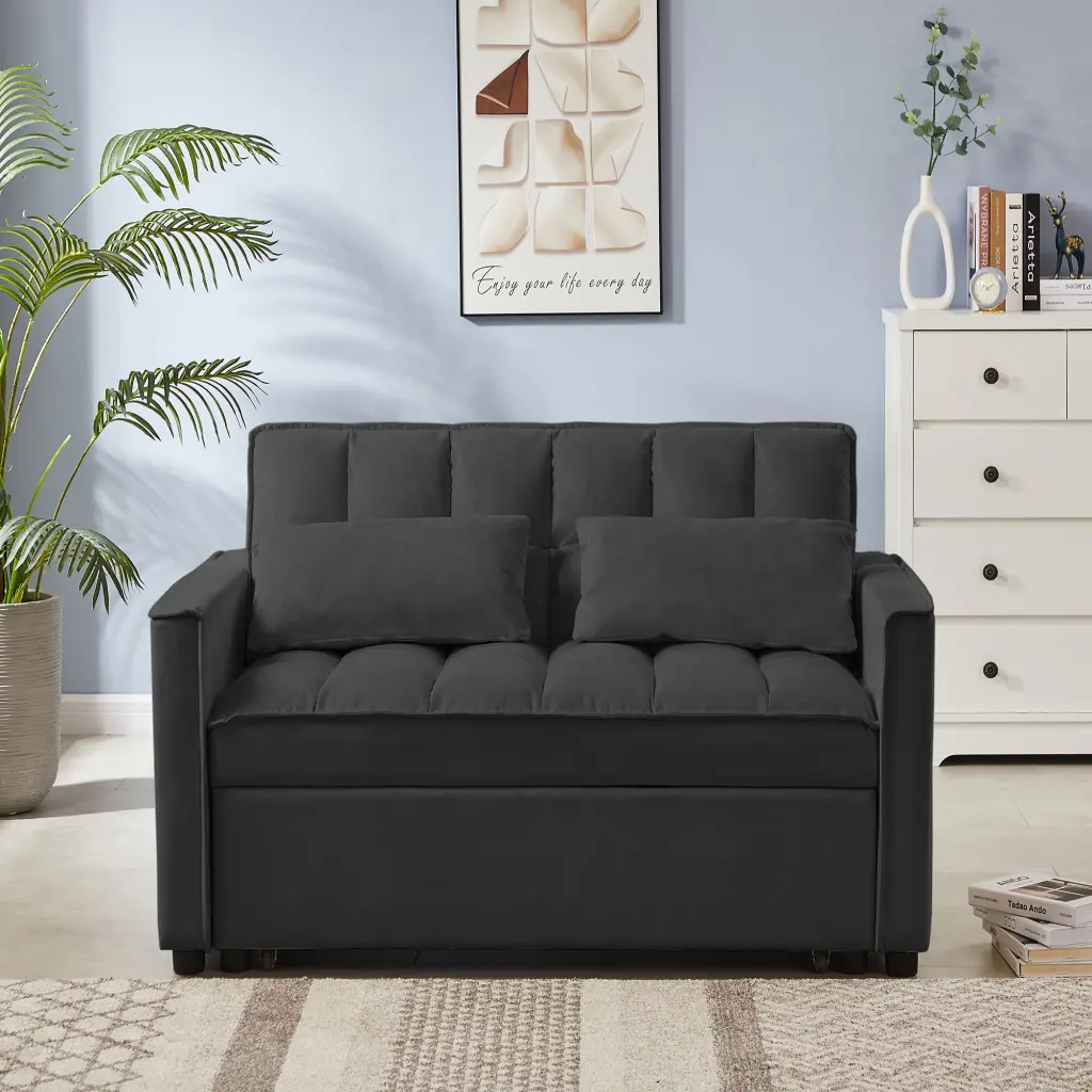 Black Velvet Loveseat Sofa Bed Tufted Back and Square Arms cy furniture