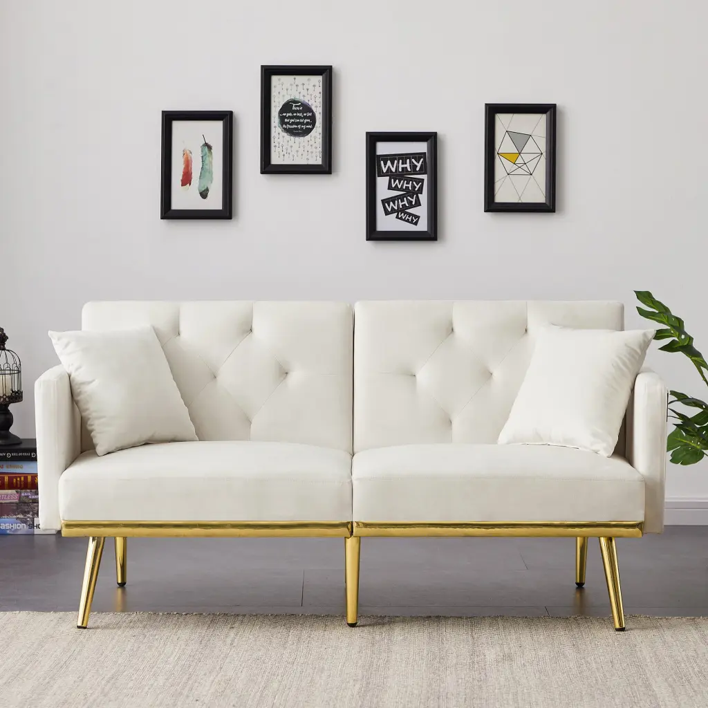 Cream White Velvet Sofa Bed 2 Seat Wood Frame and Foam Cushion cy furniture