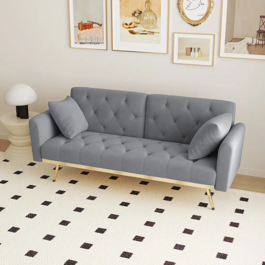 68.3'' Gray Velvet Nail Head Sofa Bed Throw Pillow and Midfoot fan chen furniture