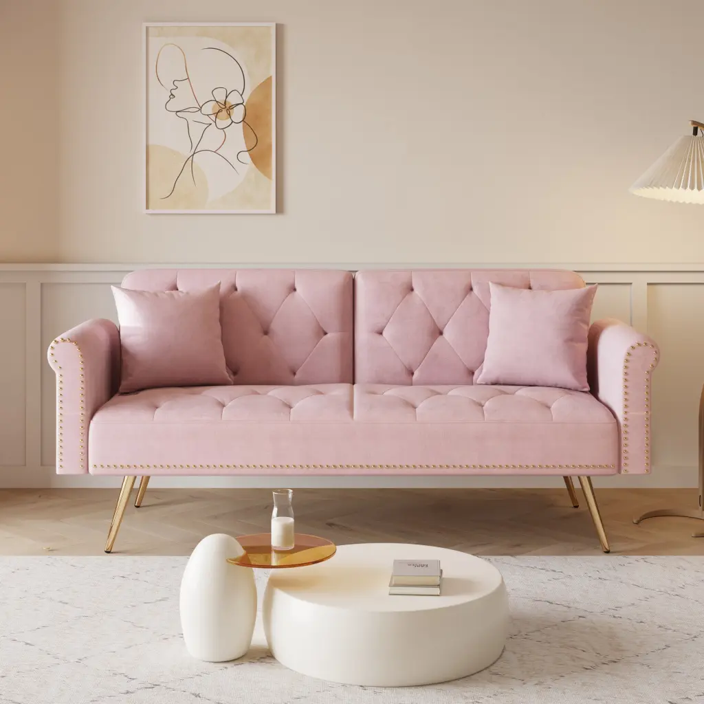 69.7 Inch Pink Velvet Sofa Bed - Nail Head Trim Convertible Couch Throw Pillows fan chen furniture