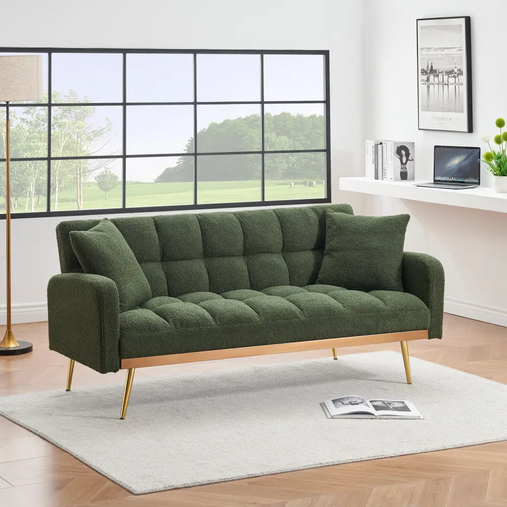 69 Inch Green Sofa Bed Adjustable Sofa 2 Teddy Throw Pillows Green Fabric fan chen furniture