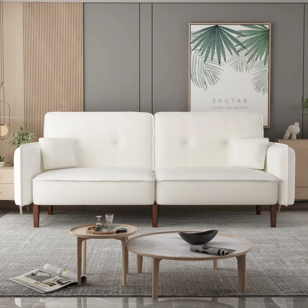 Sofa Bed White Cotton Linen Fabric White Foam Upholstered Convertible Couch hdf store