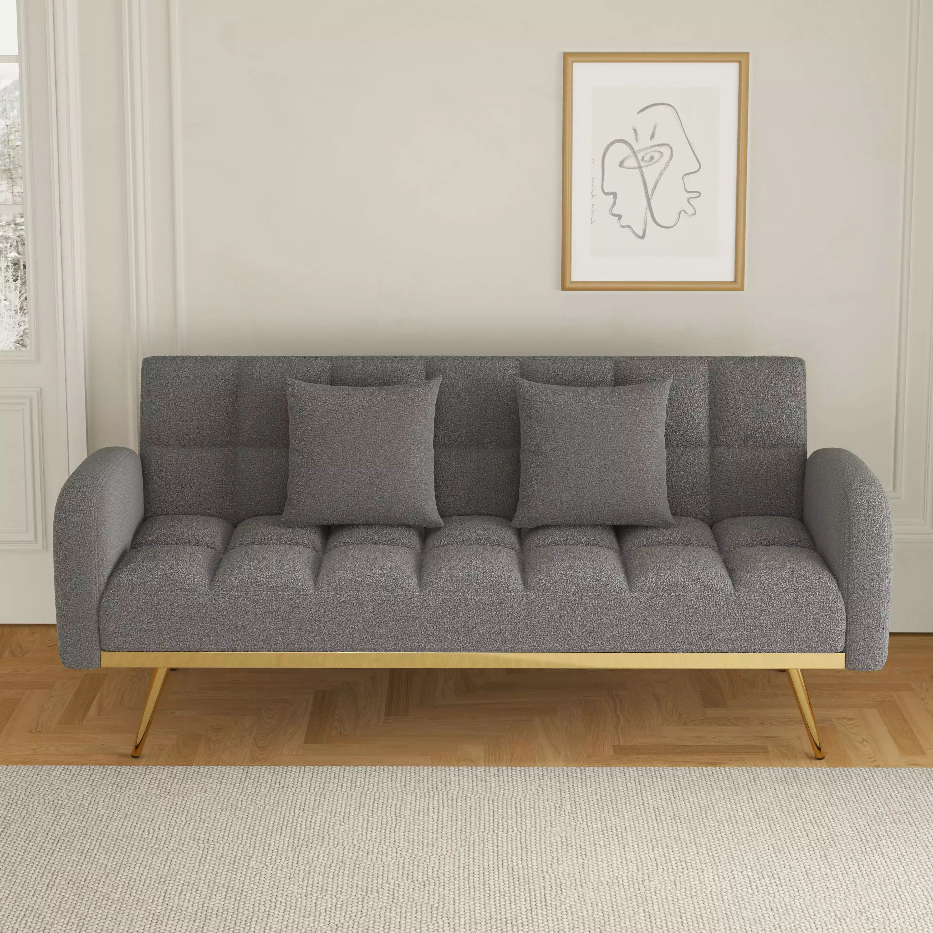 Homiyad 69-Inch Grey Sofa Bed Adjustable Sofa Teddy Fleece and 2 Throw Pillows