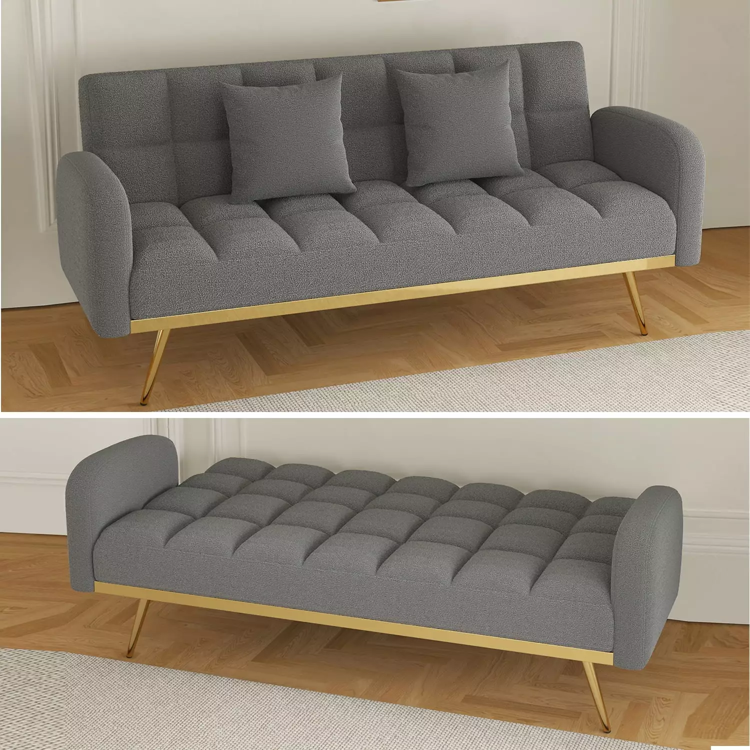 69-Inch Grey Convertible Sofa Bed Adjustable Backrest and Teddy Fleece Upholstery HOMXIAOWO