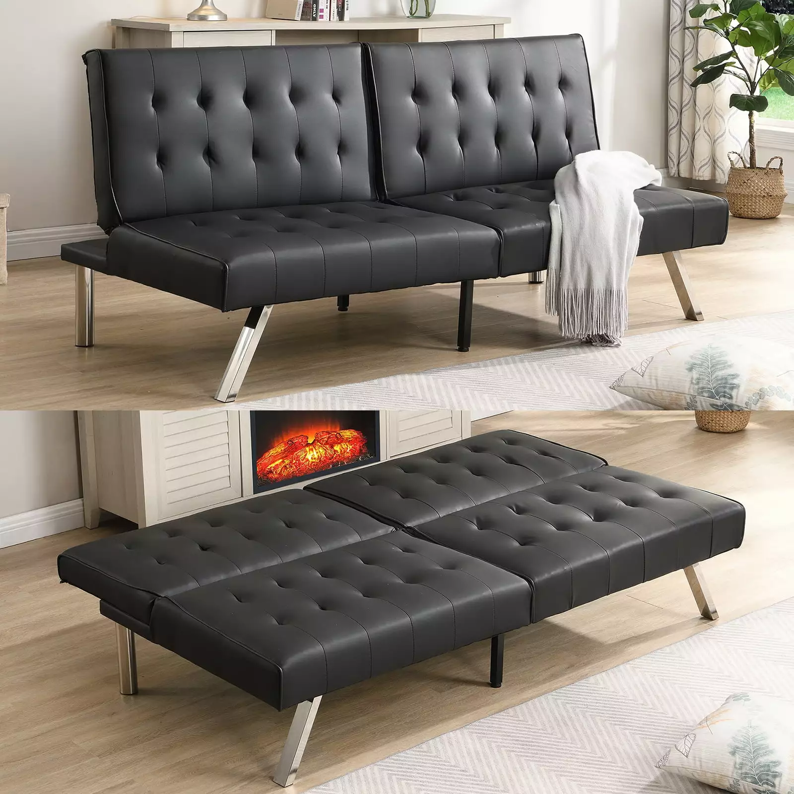 Multifunctional Black PVC Sofa Bed Ergonomic Design Easy Assembly Living Room Bedroom HOMXIAOWO