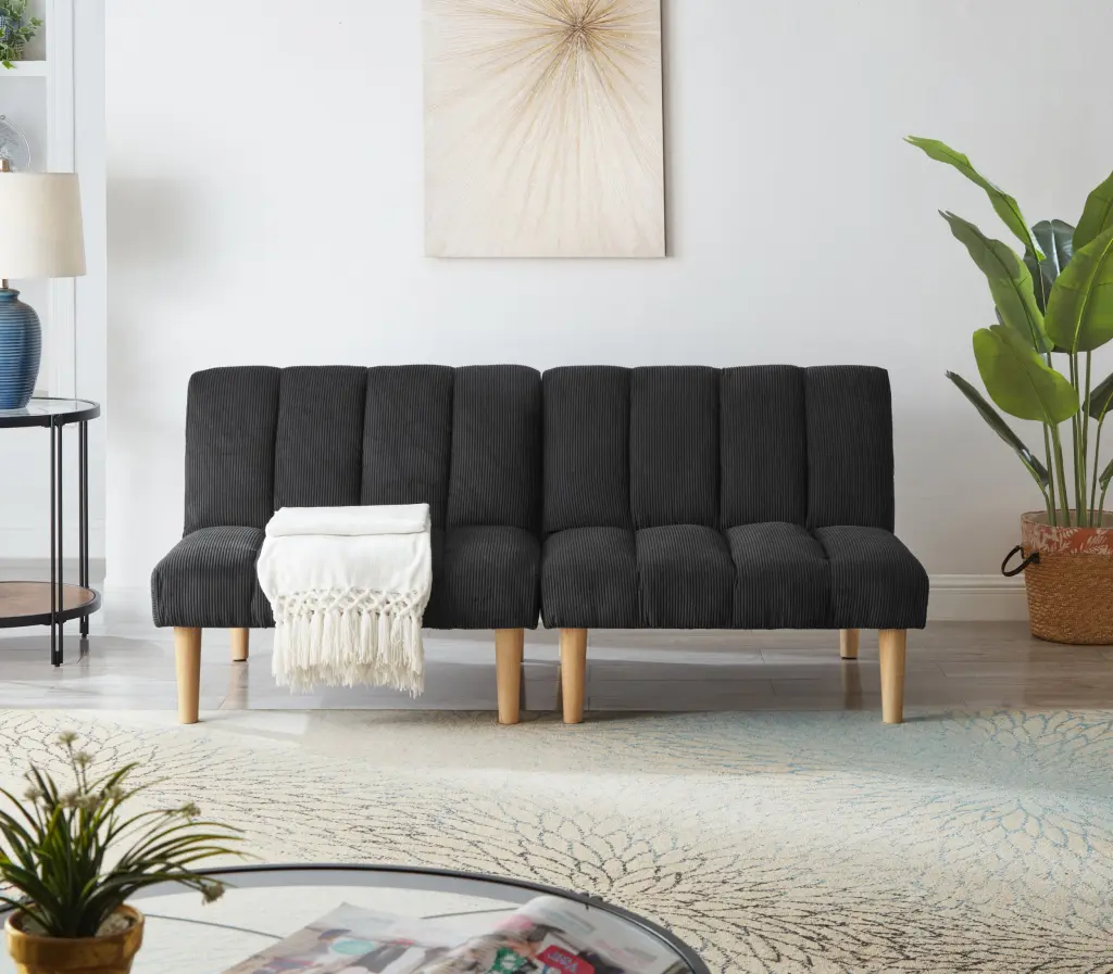 Corduroy Fabric Wooden Legs Convertible Sofa Bed Black Color Small Spaces huazhao furniture