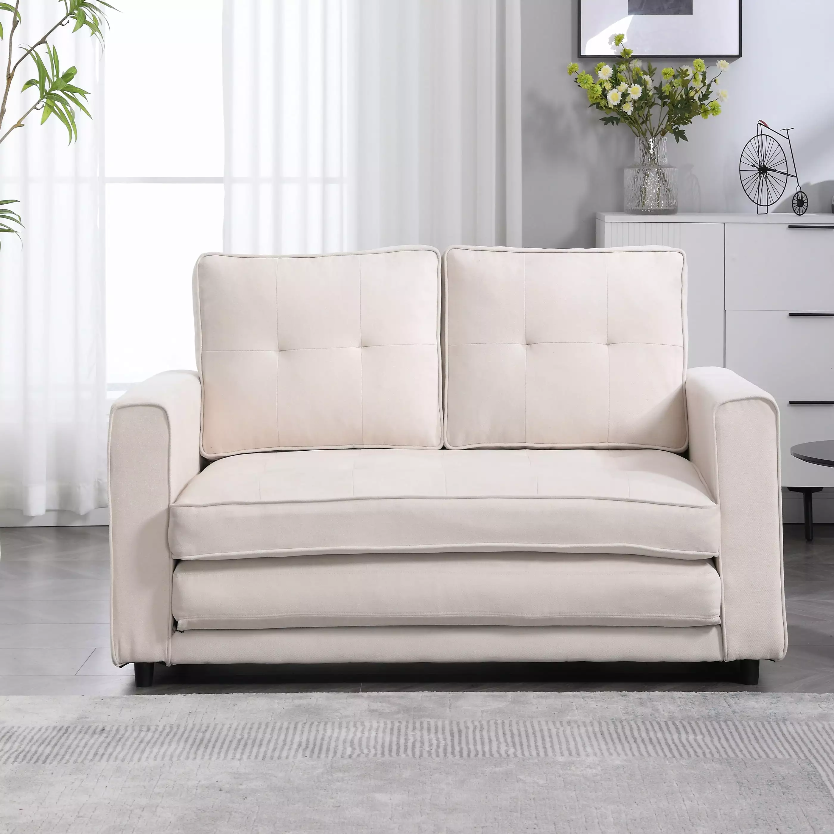 Beige Linen Folding Sofa Bed Two Storage Pockets - Convertible Couch Bed JUHOO