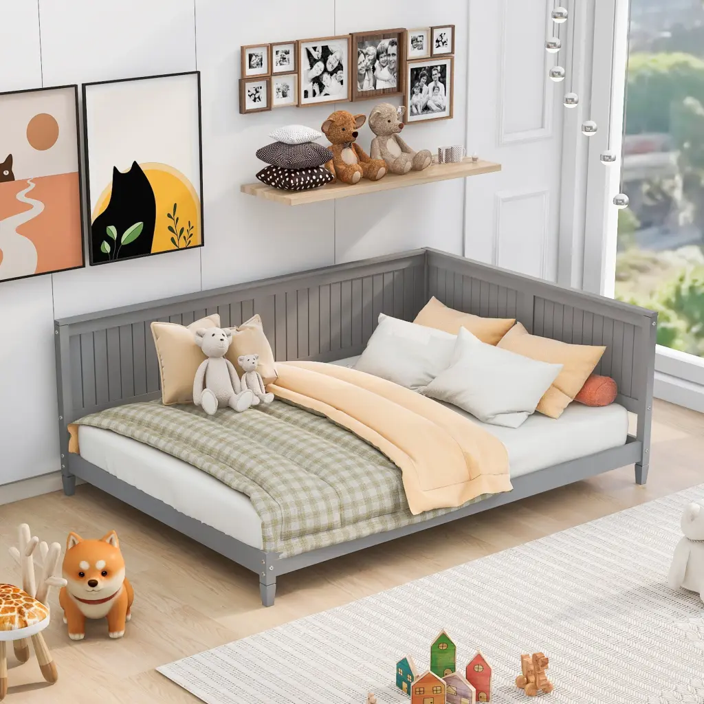 Full Size Wood Daybed Sofa Bed Gray Solid Wood MDF lucky furniture