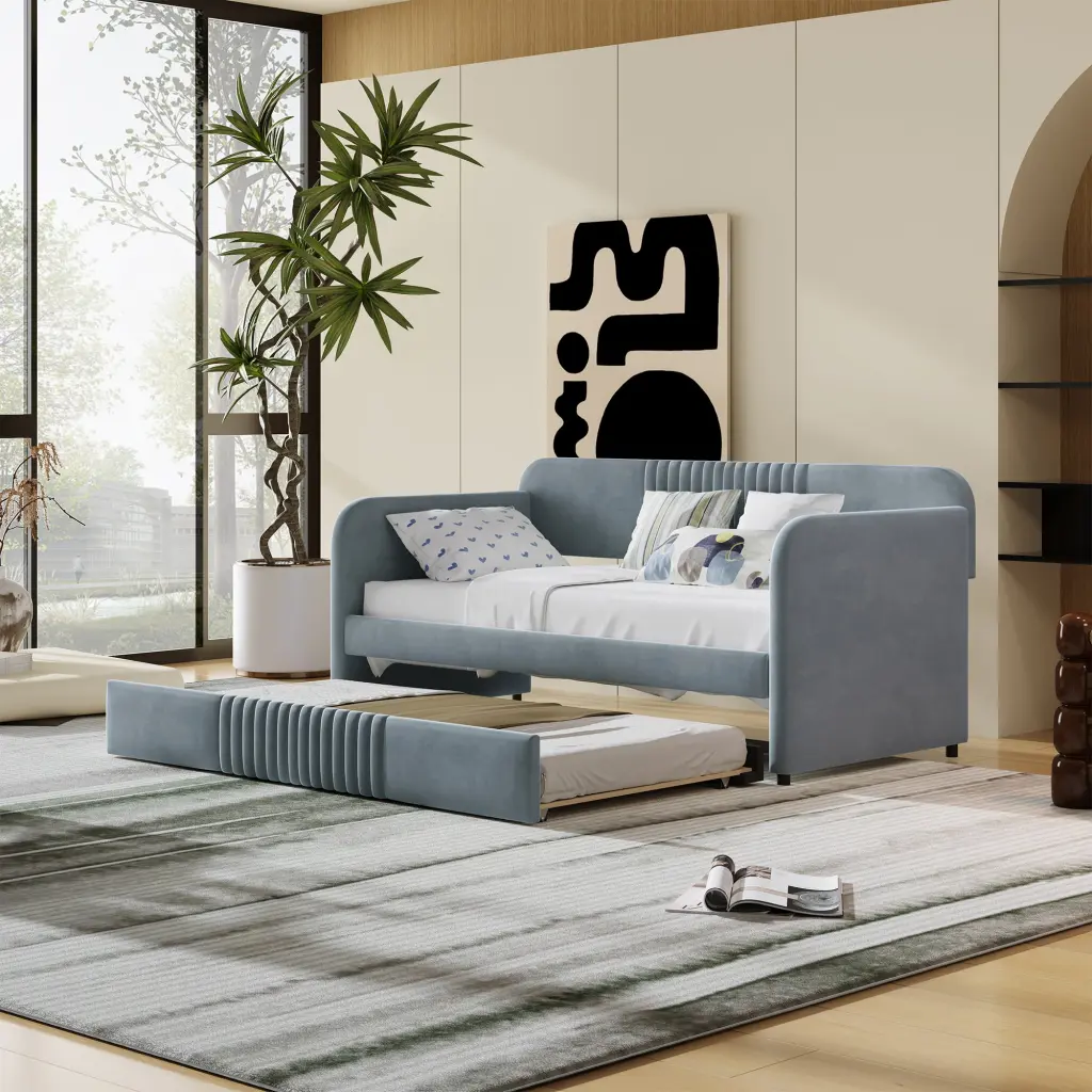 Upholstered Daybed Sofa Bed Twin Size Trundle Bed And Wood Slat Support lucky furniture