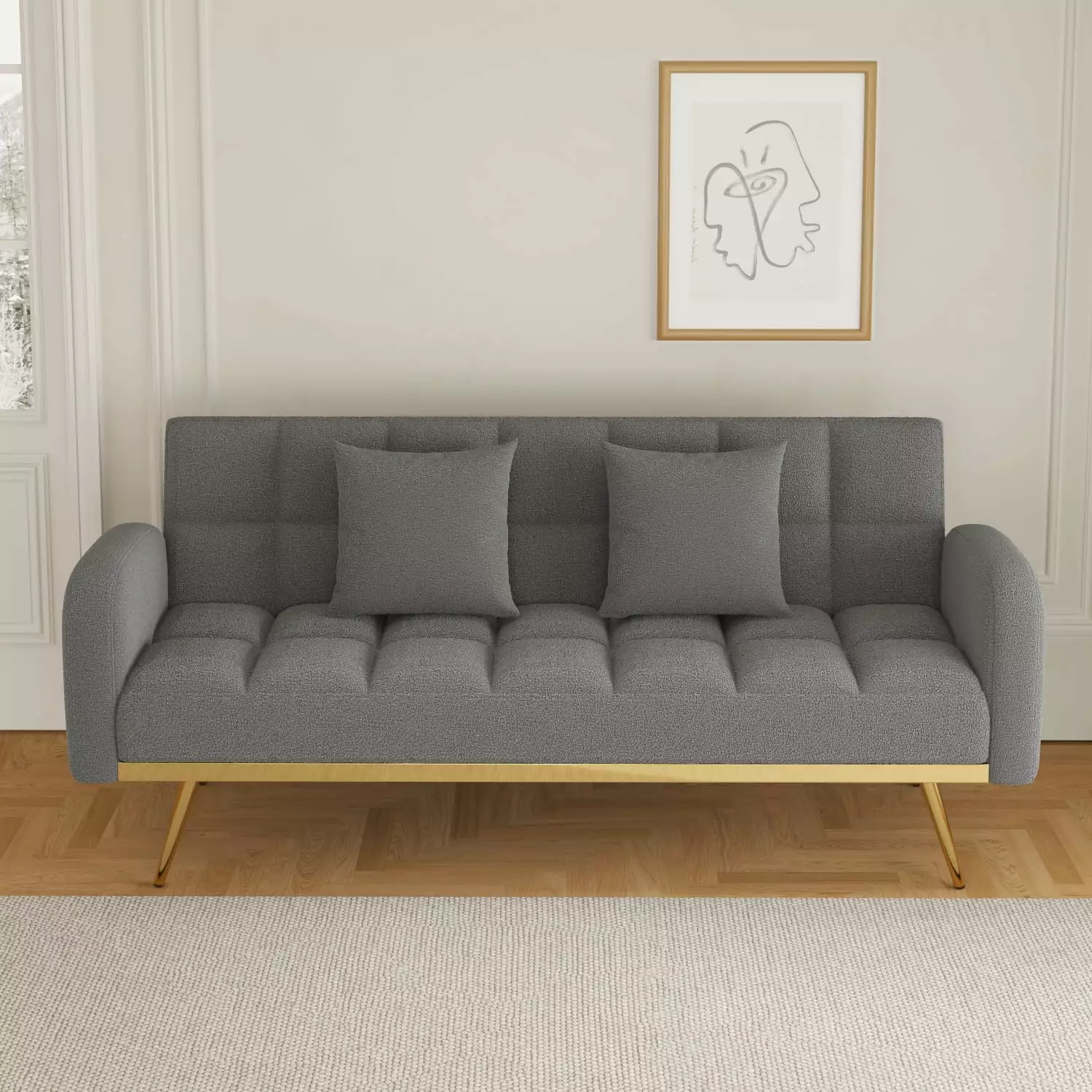 69-Inch Grey Sofa Bed Adjustable Features and Teddy Fleece Includes 2 Throw Pillows Ponnky