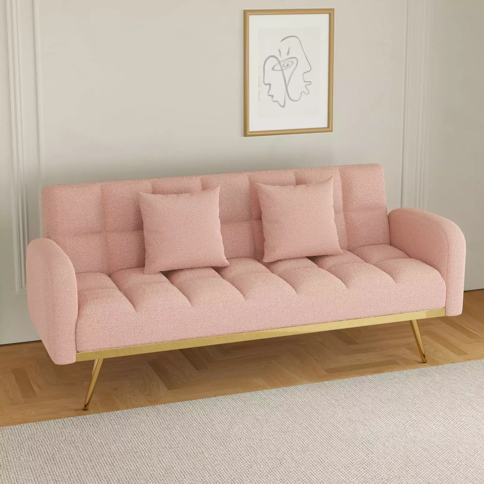 Stylish 69-Inch Pink Sofa Bed Adjustable Teddy Fleece and 2 Throw Pillows Family and Friends Ponnky