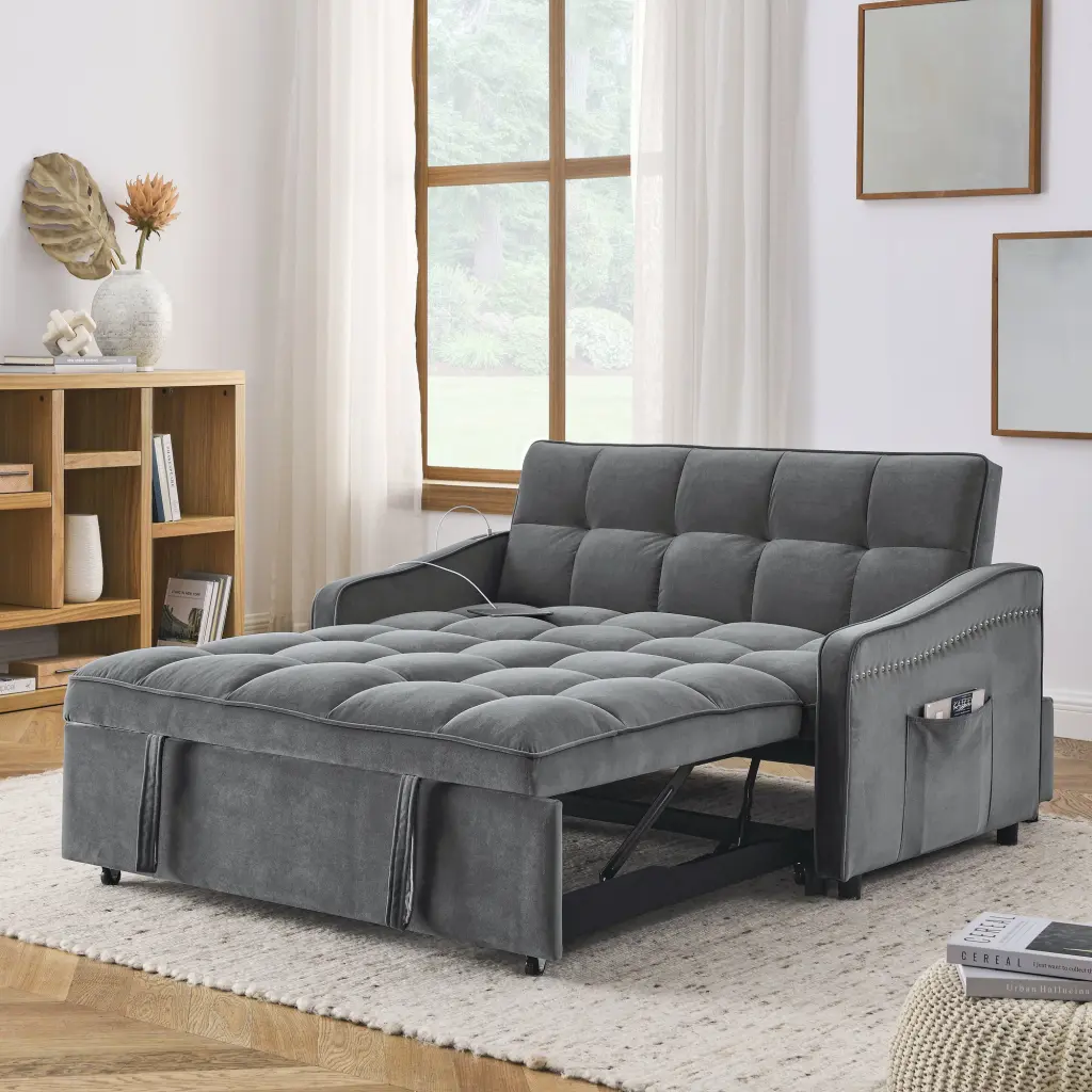 Loveseats Sofa Bed Pull Out Bed, Adjustable Back And Two Arm Pockets Living Room royal star