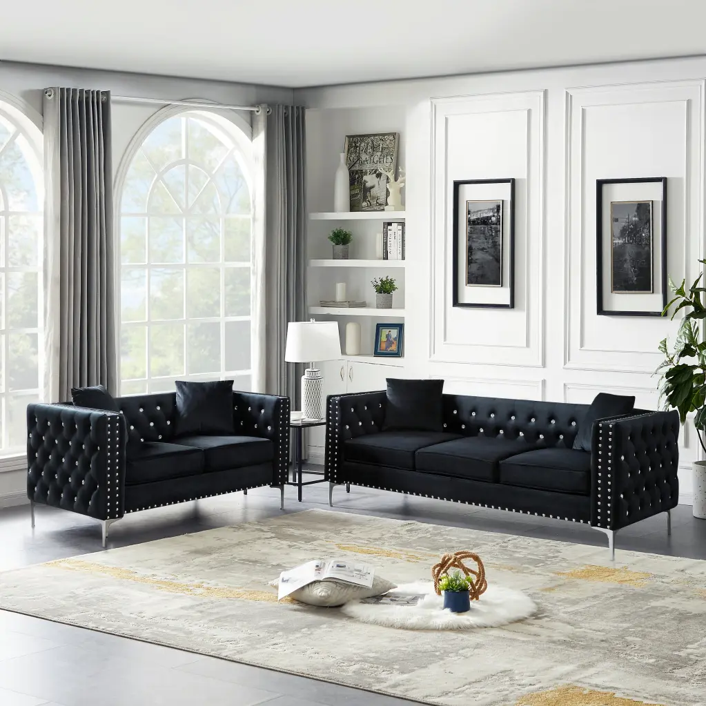 2 Piece Modern Velvet Living Room Set Sofa And Loveseat Jeweled Blue Luxury Furniture aijiafurniture