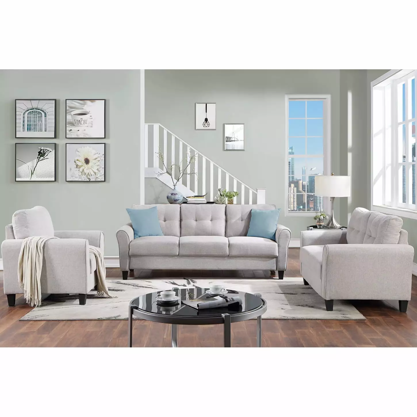 Elegant Light Grey 3-Piece Sofa Set Living Room Linen Upholstery Modern Button Tufted Design Wood Frame HATNOKIL