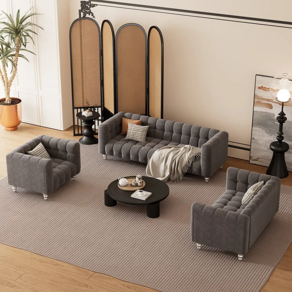 Modern 3 Piece Sofa Set Solid Wood Legs - Buttoned Tufted Backrest Living Room Furniture rnb