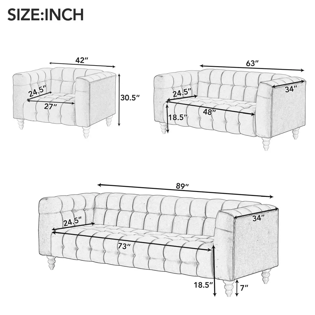 Modern 3 Piece Sofa Set Solid Wood Legs and Buttoned Tufted Backrest rnb