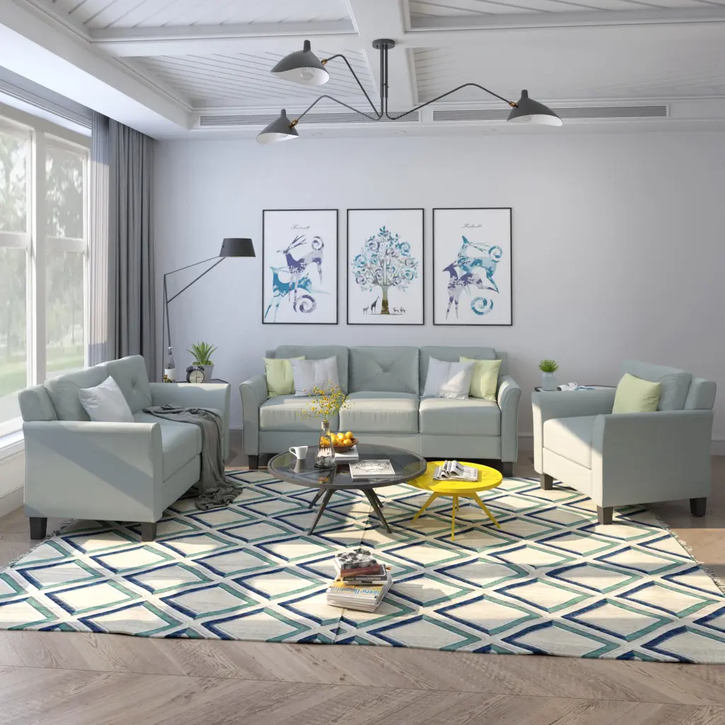 Button Tufted 3 Piece Chair Loveseat Sofa Set Gray Polyester - Contemporary Living Room Furniture u_style