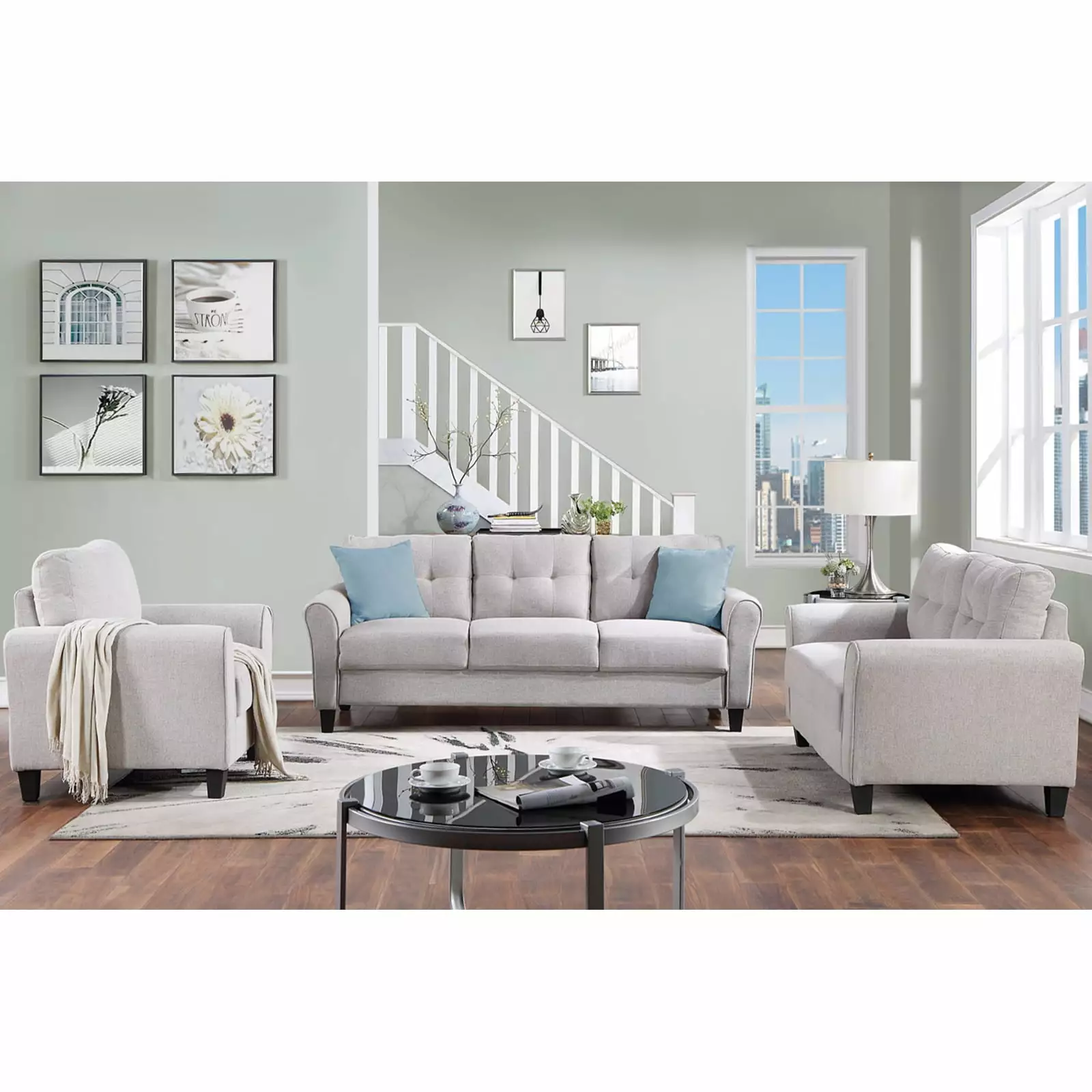 Elegant Light Grey 3-Piece Sofa Set Living Room Linen Upholstery Modern Button Tufted Design Wood Frame Wodine