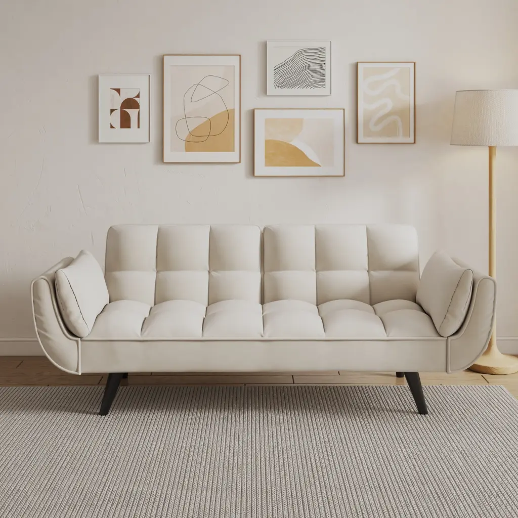 57 Inch Beige Sofa Soft Two Armrests and Throw Pillows Cozy Fabric fan chen furniture