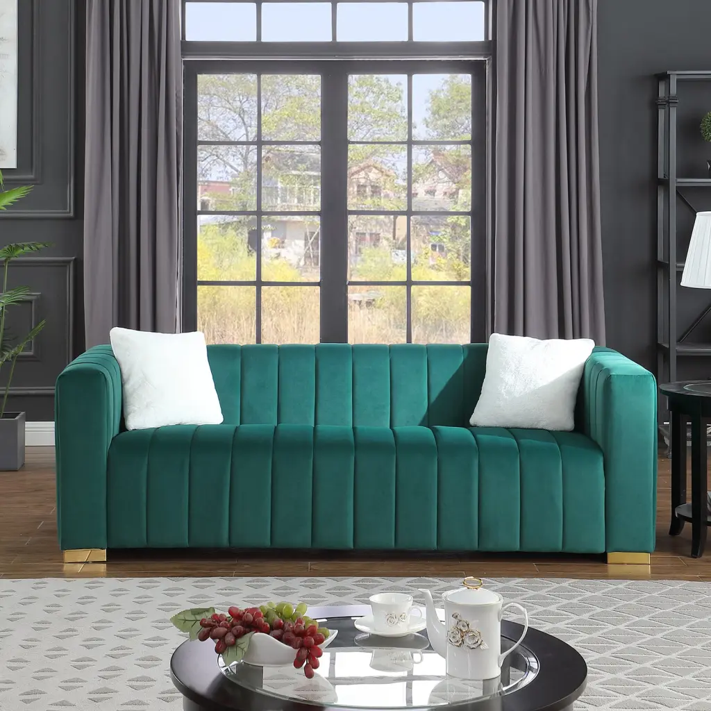 Modern Channel Sofa Chesterfield Style Dark Green Leather Look Living Room Couch homarni furnishings inc.---w1099