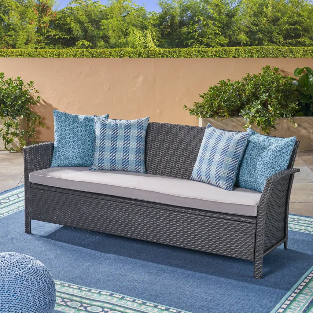 St Lucia 3 Seater Grey PE Rattan Iron Frame Waterproof Fabric Sofa nh-kisa