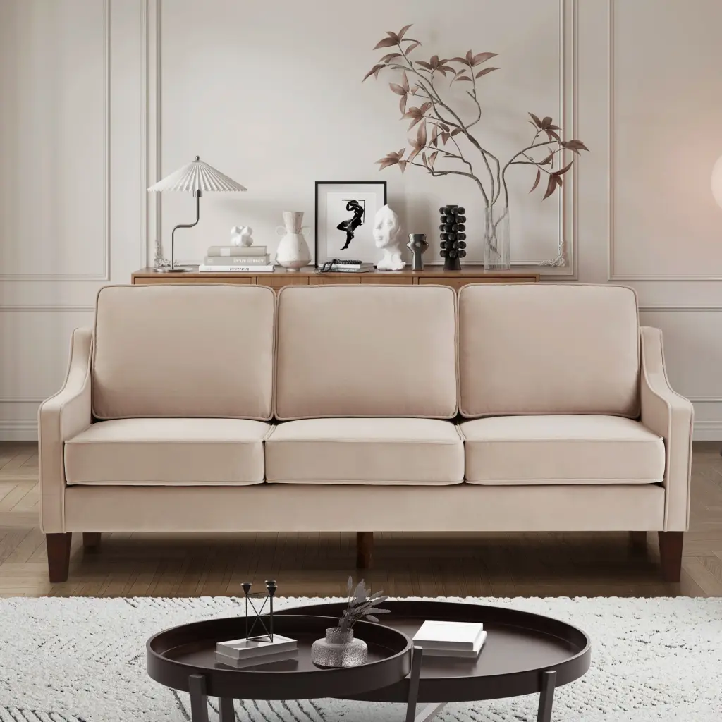 Modern 3 Person Seat Sofa Couch Scooped Armrest Wood Legs Upholstered Living Room Sofa wm home furniture